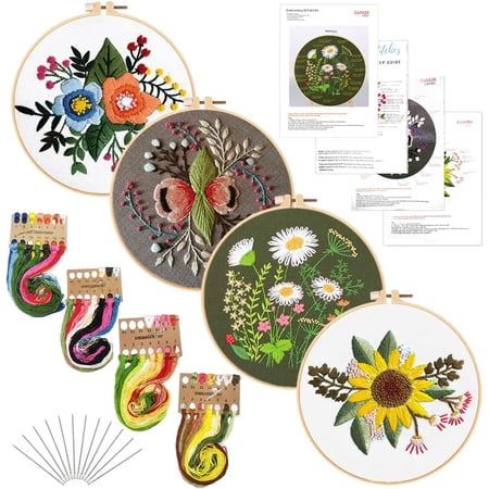 VOCHIC 4Pack Embroidery Starters Kit with Pattern for Beginners Adults, Stamped Cross Stitch Kit Set with Embroidery Hoop Cloth Thread Needlepoint Kit Floral Series