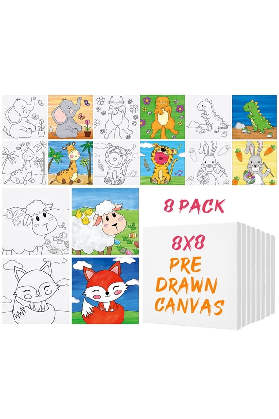 8 Pack Pre Drawn Canvas for Painting, 8" X 8" Cute Animals Painting Canvas Bulk, Art Canvases for Painting for Kids Students School Home, Easter Gifts (No Acrylic Paint)