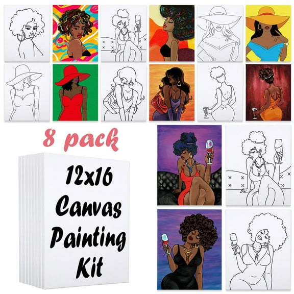 VOCHIC 8 Pack Pre Drawn Canvas for Painting for Adults Sip and Paint Party Supplies Canvas Painting Kit 12x16 Stretched Outline Canvas Paint Party Favor for Artist Beginners