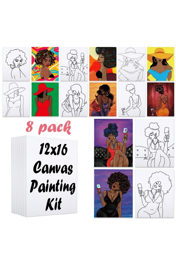 8 Pack Pre Drawn Canvas for Painting for Adults Sip and Paint Party Supplies Canvas Painting Kit 12x16 Stretched Outline Canvas Paint Party Favor for Artist Beginners