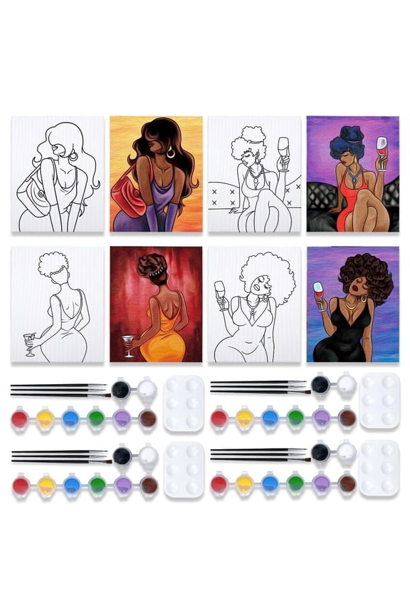 4 Pack 12x16 inch Canvas Painting Kit Pre Drawn for Adults Party Kit Paint and Sip Supplies 8 Acrylic Colors, Brushes, Pallet Chic Girl Art Set