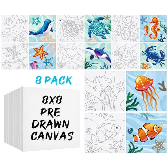 VOCHIC 8 Pack Pre Drawn Canvas for Painting for Kids Adults, 8 x 8 Stretched Canvas Painting Printed Canvas to Paint Art Canvases for Painting for Kids Student Marine Animals Artist