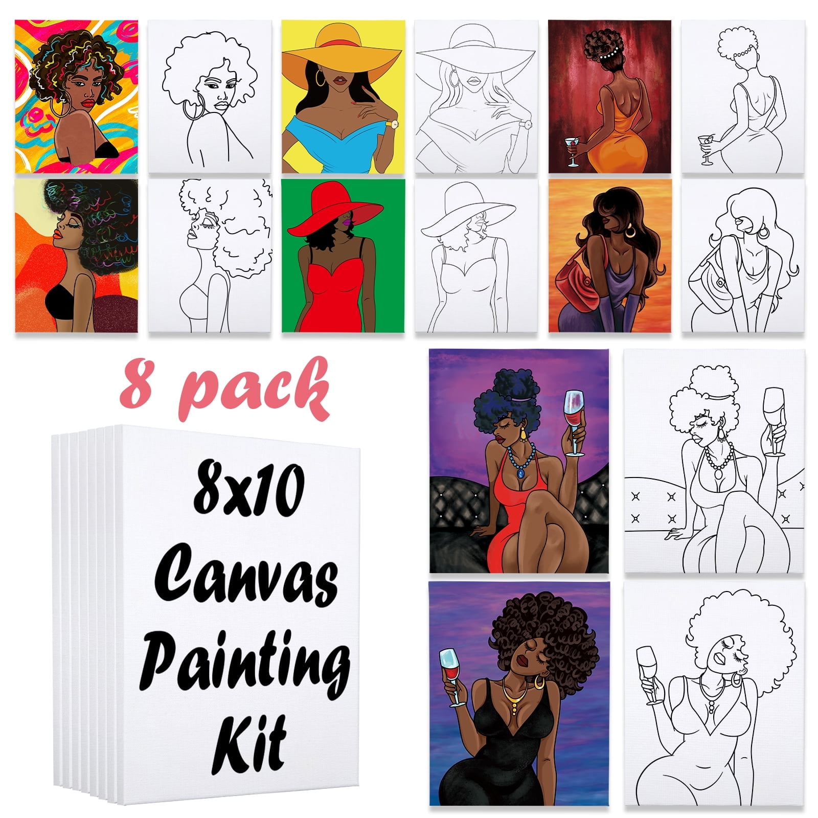 VOCHIC 8 Pack PreDrawn Canvas Art Printed Kit for Adults, Paint Party