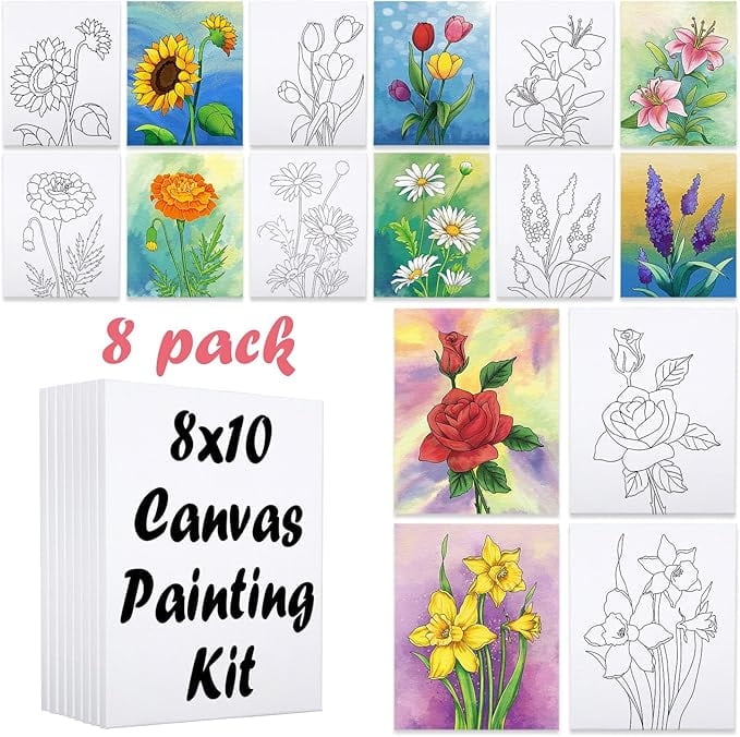 VOCHIC 8 Pack Paint and Sip Kit for Adults 8x10 Flower Theme Pre Drawn Canvas Painting Set for Painting for Adults Lady Night Couple Paint Party Supplies Stretched Outline Canvas Favor Gift