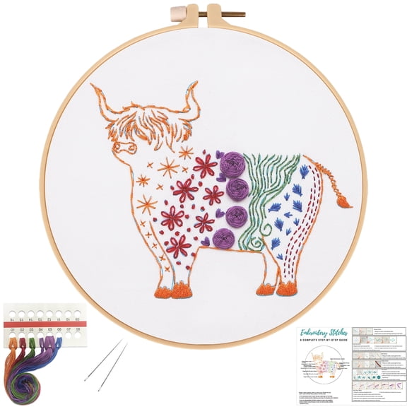 VOCHIC Beginners Adults Embroidery Kit,Highland Cow pattern Practice kit for Ages 7-13 Girls and above,Starters cross stitch kit including embroidery cloth,hoop, needles, instruction