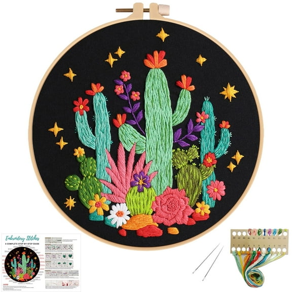 VOCHIC Beginners DIY Needlepoint Kits,Cactus Pattern Embroidery Starter Kits for Adults,Rug Tool Kit,Cross Stitch Kit Including Cloth,Hoop,threads and Instruction