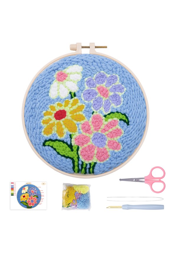Beginners Punch Needle kit,Embroidery Starter Kits for Adults,Rug Tool Kit,Cross Stitch Kit Including Handle Embroidery Pen,Cloth,Hoop,threads and Instruction--Daisy Flower Pattern