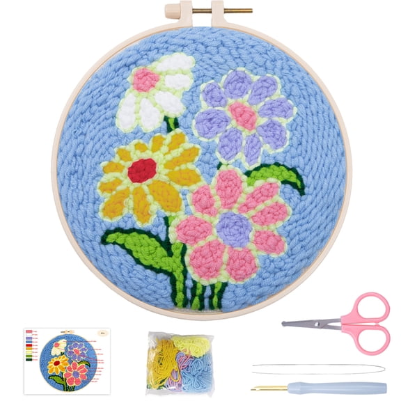 VOCHIC Beginners Punch Needle kit,Embroidery Starter Kits for Adults,Rug Tool Kit,Cross Stitch Kit Including Handle Embroidery Pen,Cloth,Hoop,threads and Instruction--Daisy Flower Pattern