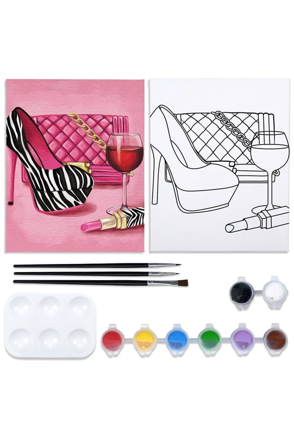 Pre Drawn Canvas Painting Kit for Adults for Painting Party Kit 8x10 Canvas Girl High Heel Glass Bag Lipstick  Paint and Sip Party Supplies 8 Colors,3 Brush,1 Pallet Art Set