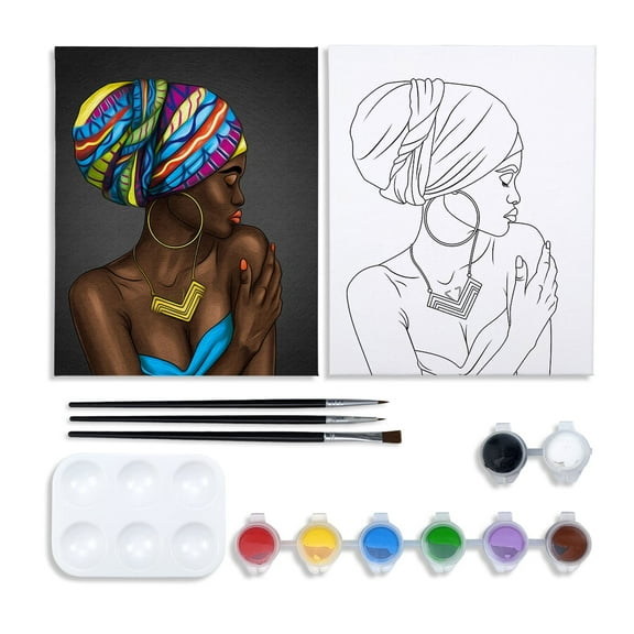 VOCHIC Canvas Painting Kit for Adults, Pre Drawn Stretched Cotton Canvas ,Birthday Gift, Adult Sip and DIY Paint Party Favor, Afro Queen(8x10)