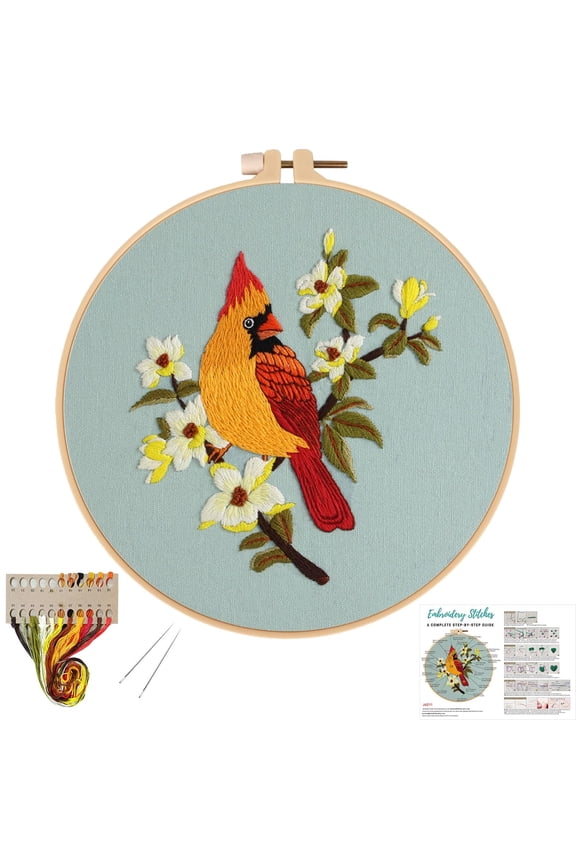 Cardinal Embroidery Kits for Beginners with Bird Floral Pattern,Cross Stitch Kit for Adults DIY Needlepoint Kits with Embroidery