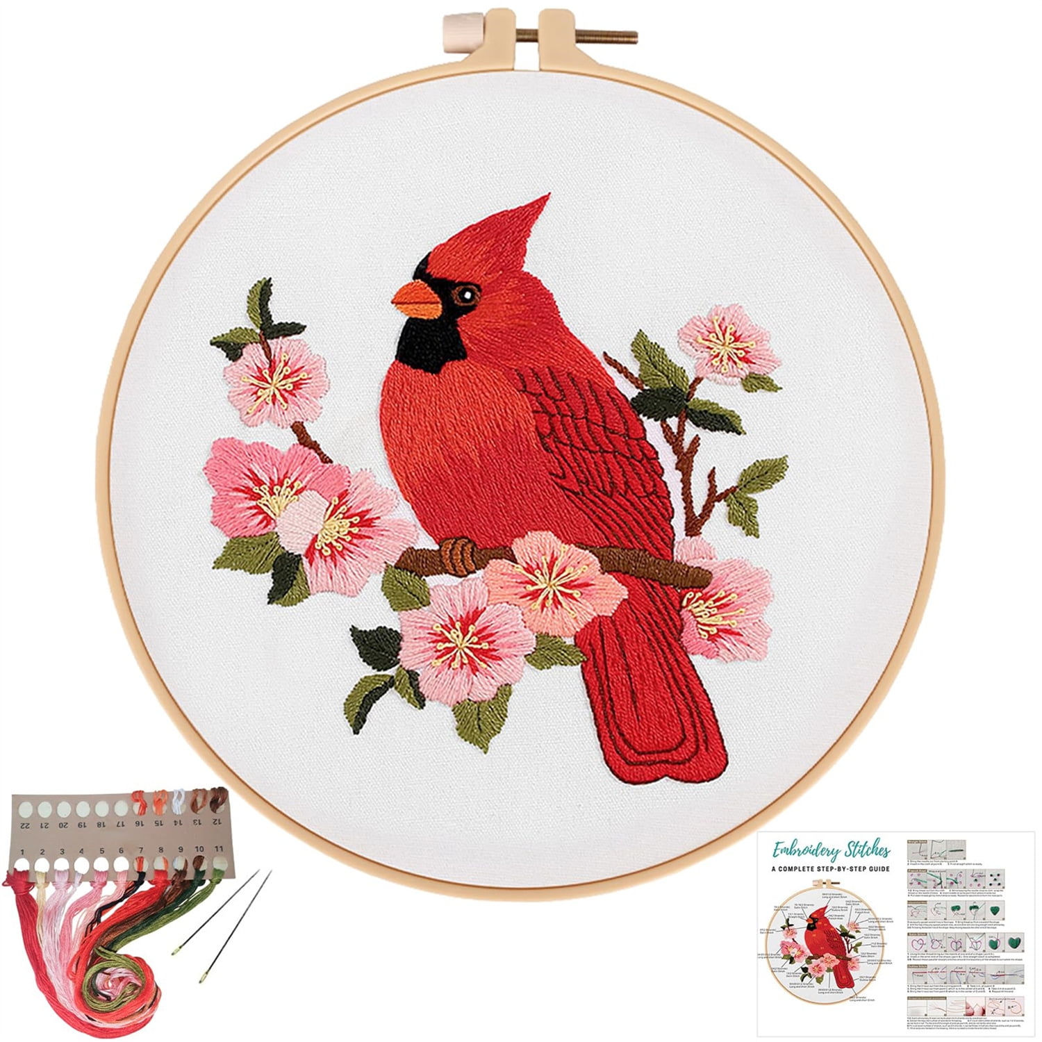 VOCHIC Cardinal Embroidery Kits for Beginners with Bird Flower Pattern