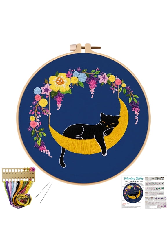 Cat Moon Embroidery kit for Beginners,Cross Stitch Kits for Adult Including Embroidery Cloth,Hoop, Color Threads,Needles and Instruction