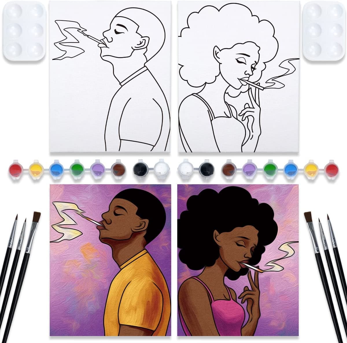 VOCHIC Couples Paint Party Kit Pre-Drawn Canvas for Adults 8x10 2 Pack