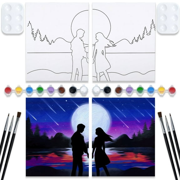 VOCHIC Couples Paint Party Kits Pre Drawn Canvas for Adults for Paint and Sip Date Night Games for Couples Painting kit 8x10 Date Nighet Valentine's Day2 Pack