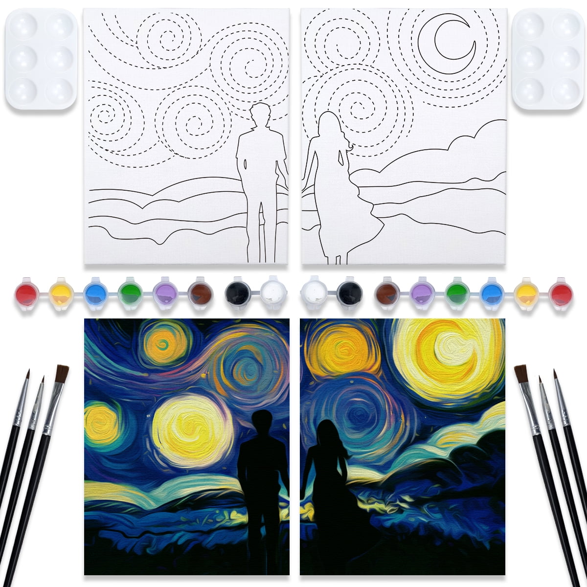 VOCHIC Couples Paint Party Kits Pre Drawn Canvas for Adults for Paint and Sip Date Night Games for Couples Painting kit 8x10 Date Nighet Valentine's Day2 Pack