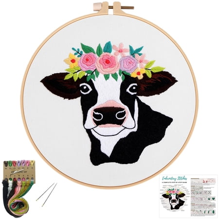 VOCHIC Cow Beginners Embroidery Kits,Cross Stitch Starter kit for Adults with Embroidery Cloth Hoop Needles Instruction and Threads