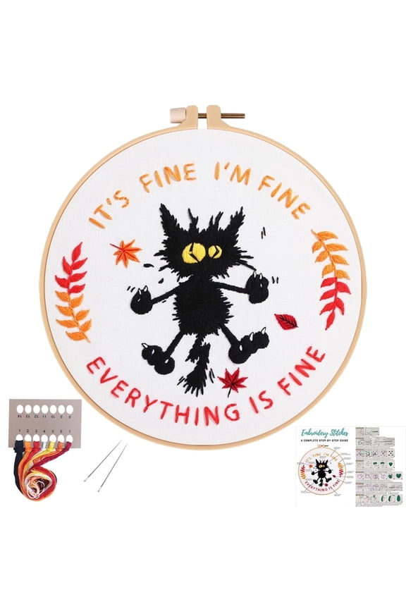 Cute Cat Embroidery Kits for Beginners with Funny Animal Pattern,Adults Starter Cross Stitch Kit DIY Needlepoint Kits-It's Fine I'm Fine Everything is Fine