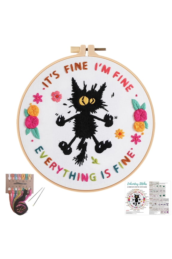 Cute Cat Embroidery Kits for Beginners,Adults Starter Cross Stitch Kit with funny animal pattern,DIY Needlepoint Kits-It's Fine I'm Fine