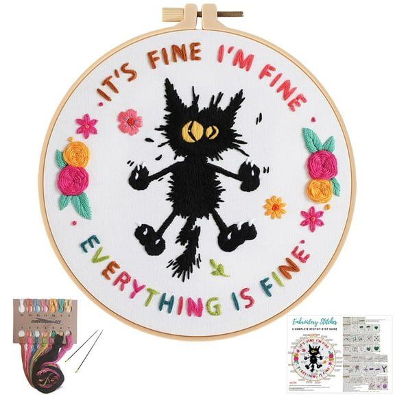 VOCHIC Cute Cat Embroidery Kits for Beginners,Adults Starter Cross Stitch Kit with funny animal pattern,DIY Needlepoint Kits-It's Fine I'm Fine