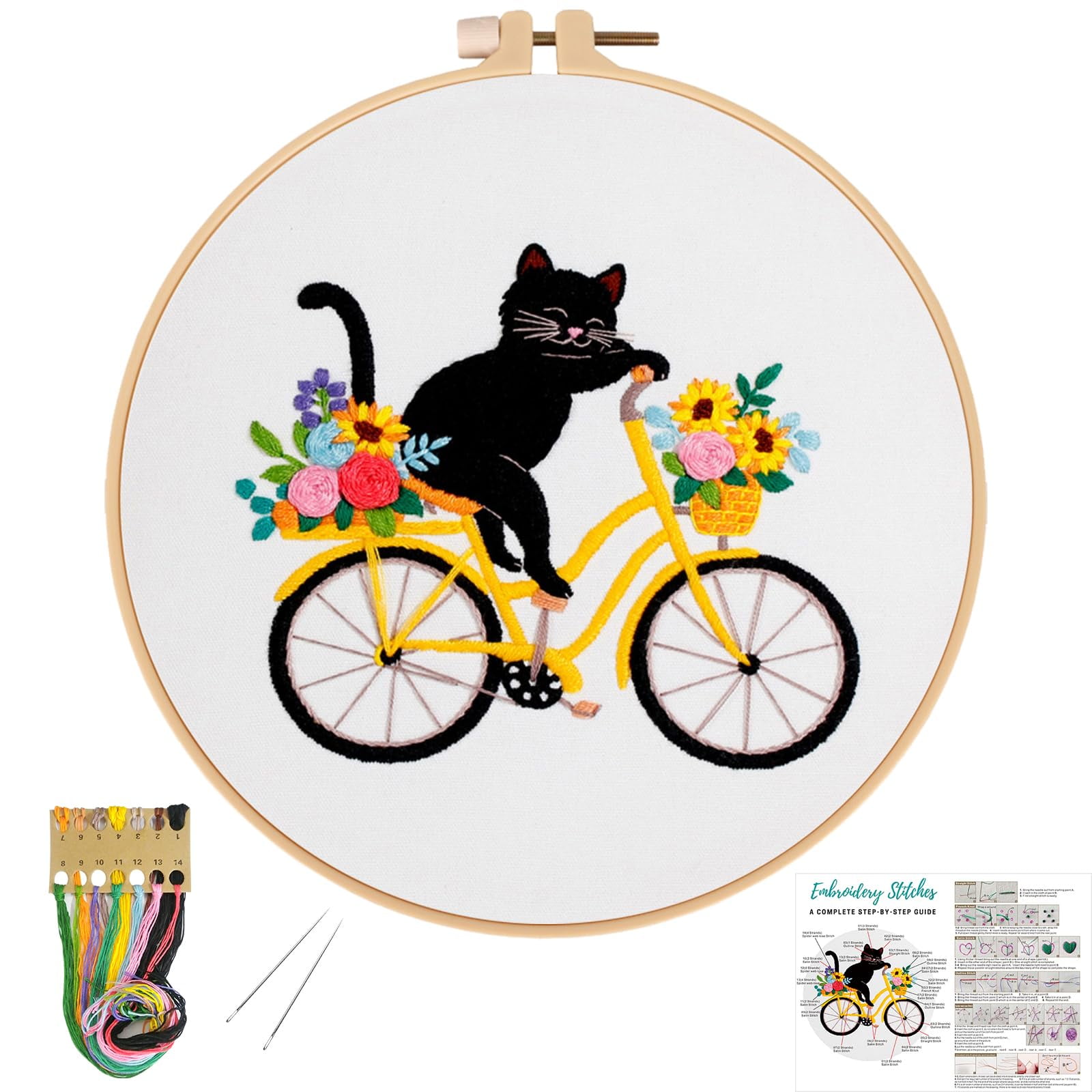 VOCHIC Cute Cat Embroidery Kits for Beginners with Flower Bike Pattern ...