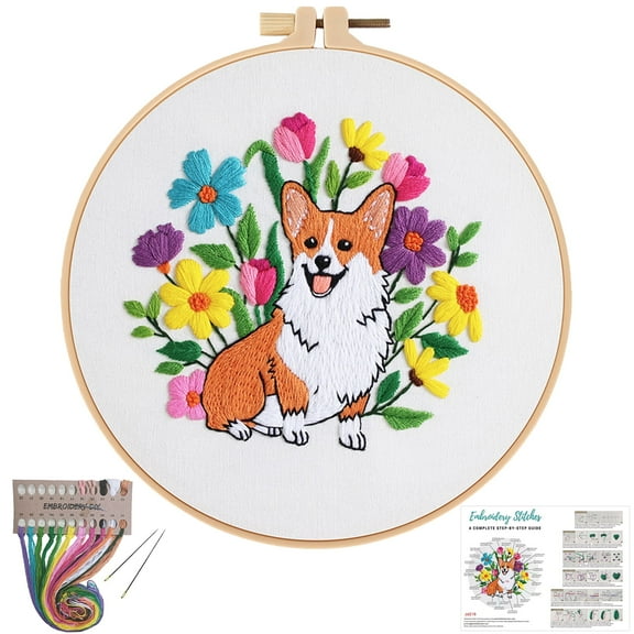 VOCHIC Cute Dog Embroidery Kits for Beginners with Animal Flowers Pattern,Adults Starter Cross Stitch Kit DIY Needlepoint Kits