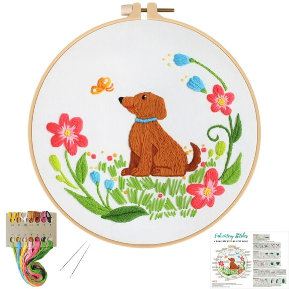 VOCHIC Dog Embroidery Kits for Beginners with floral pattern,Cross Stitch Kit for Adults DIY Needlepoint Kits with embroidery instructions