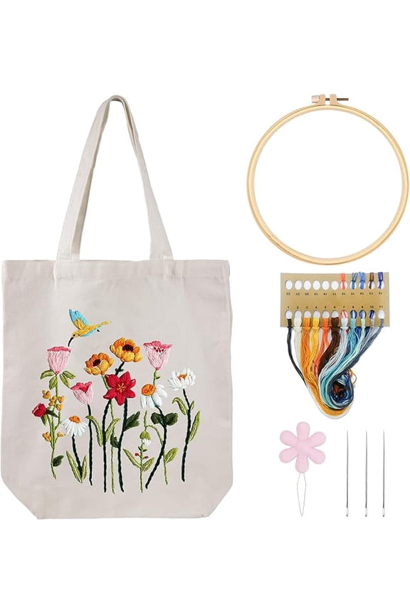 Embroidery Kit Canvas Tote Bag for Beginners,Cross Stitch Kits for Adults,DIY Crafts Needlepoint Include Hummingbird Floral Pattern,Women Shopping Reusable Grocery Bags
