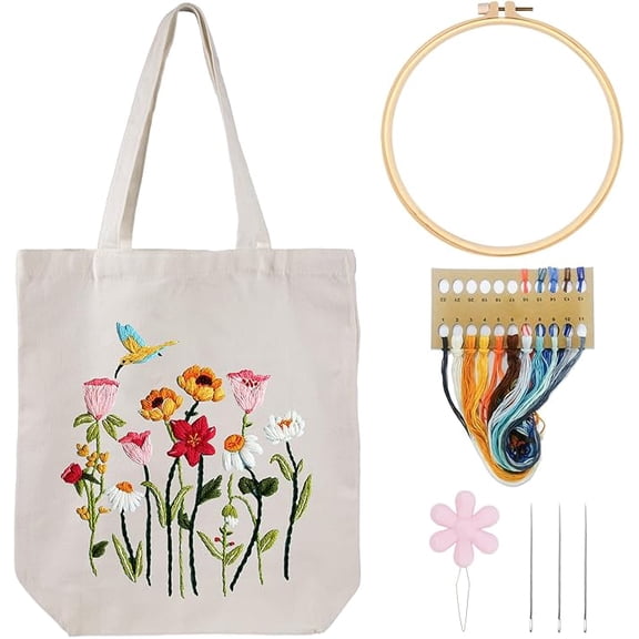 VOCHIC Embroidery Kit Canvas Tote Bag for Beginners,Cross Stitch Kits for Adults,DIY Crafts Needlepoint Include Hummingbird Floral Pattern,Women Shopping Reusable Grocery Bags