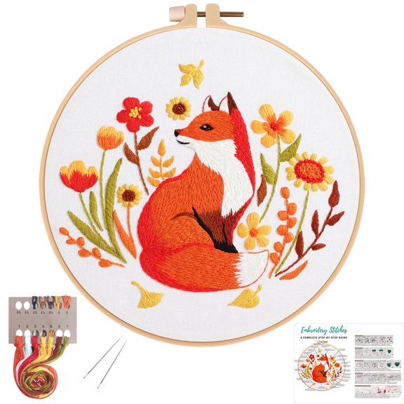 VOCHIC Fall Fox Embroidery Kits for Beginners with Autumn Animal pattern,Adults Starter Cross Stitch Kit DIY Needlepoint Kits