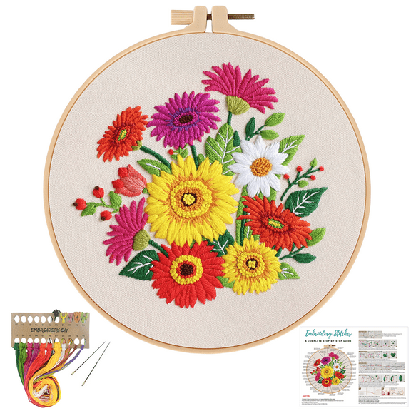 VOCHIC Floral Embroidery Kits for Beginners,Cross Stitch Kit for Adults,DIY Needlepoint Kits for Starters with Embroidery Cloth Hoop Needles Instruction and Threads