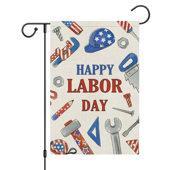 VOCHIC Happy Labor Day Garden Flag 12x18 Inch Double Sided for Outside, Small Burlap Tools Labor Day Flag USA Labor Day Yard Outdoor Decorations