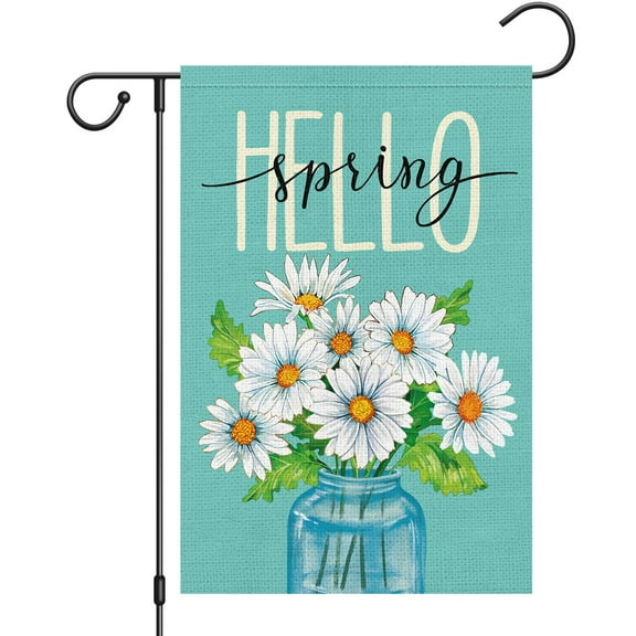 VOCHIC Hello Spring Garden Flag 12 x 18 Inch Burlap Double Sided Vertical Welcome Spring Summer Daisy Flags Vase Flower Garden Yard Flag for Seasonal Outside Outdoor Decoration (ONLY FLAG)