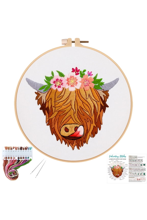 Highland cow stamped Embroidery Kit for Beginners, Cross Stitch kit for Adults include instruction,Embroidery Cloth,hoop, Needles, Color Threads