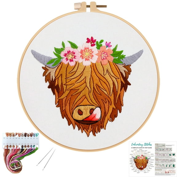 VOCHIC Highland cow stamped Embroidery Kit for Beginners, Cross Stitch kit for Adults include instruction,Embroidery Cloth,hoop, Needles, Color Threads