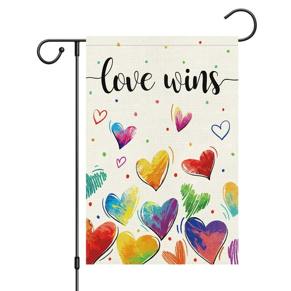 VOCHIC Love Wins Garden Flag 12x18 Double Sided Burlap, Small Pride Rainbow LGBT Gay Lesbian Love Heart Garden Yard Flags Sign Banner for Pride Month Porch Outdoor Decor (Only Flag)