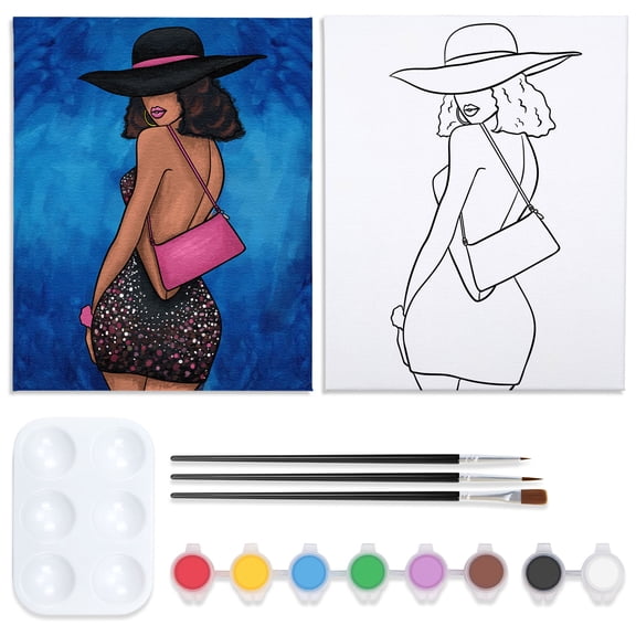 VOCHIC Paint and Sip kit Pre Drawn Canvas Painting Kit for Adults Kids Couples Painting Twist Party Supplies to Paint Man Art Set for Beginner Gift Favor, 8 Acrylic Colors, 3 Brush,1 Pallet (8x10)