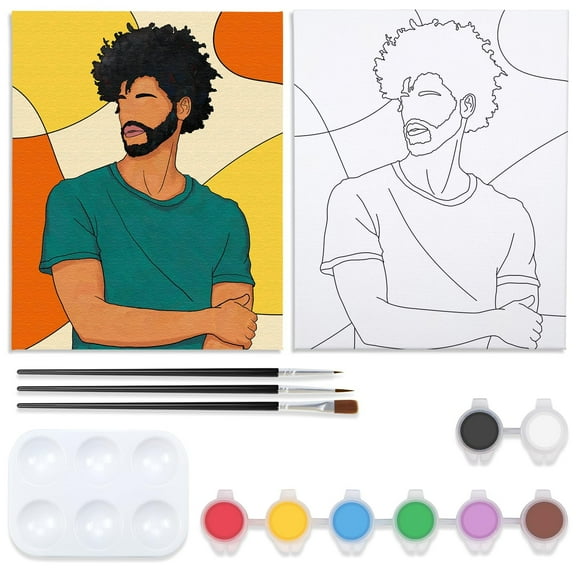 VOCHIC Paint and Sip kit Pre Drawn Canvas Painting Kit for Adults Kids Couples Painting Twist Party Supplies to Paint Man Art Set for Beginner Gift Favor, 8 Acrylic Colors, 3 Brush,1 Pallet (8x10)