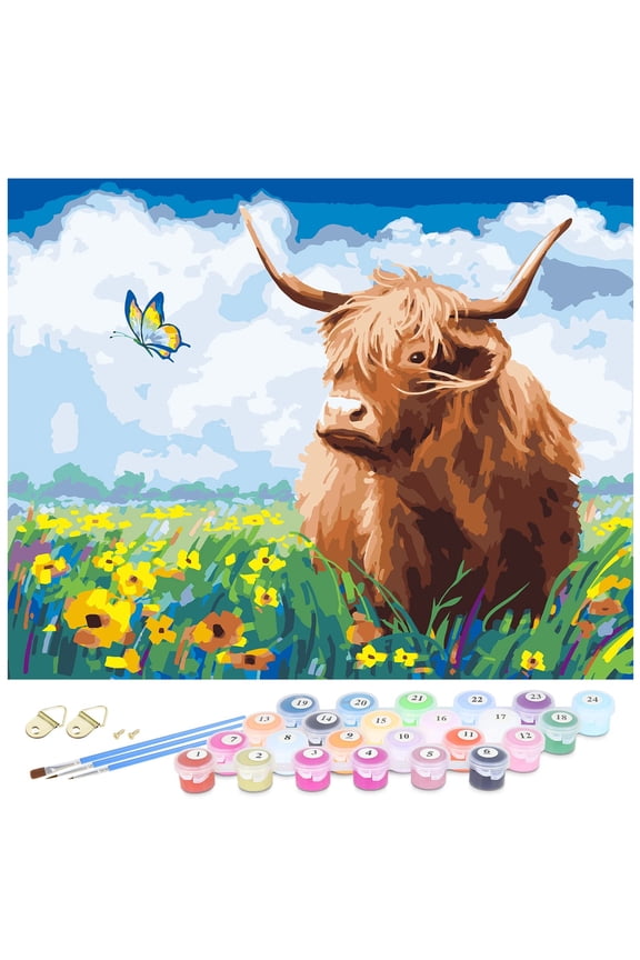Paint by Numbers for Adult Beginner DIY Highland Cattle Pattern on Canvas Painting by Number Kits Home Wall Decor 16x20 Inch (Without Frame)