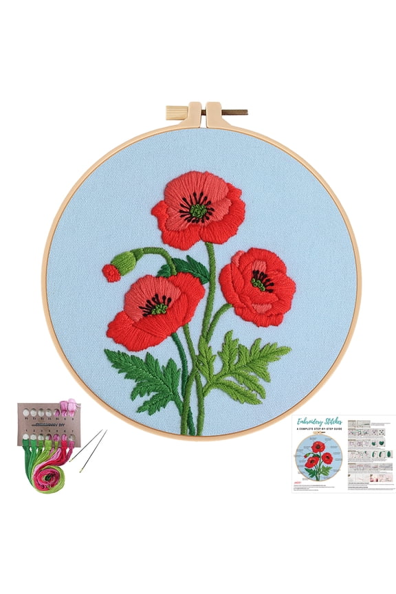 Poppy Flower Embroidery Kits for Beginners,Cross Stitch Kit for Adults,DIY Needlepoint Kits for Starters Including Embroidery Cloth Floral Pattern and Instructions