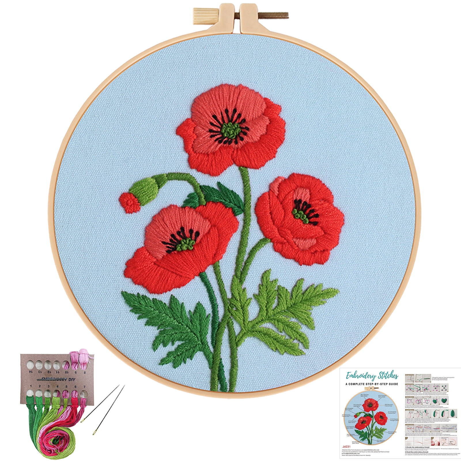 VOCHIC Poppy Flower Embroidery Kits for Beginners,Cross Stitch Kit