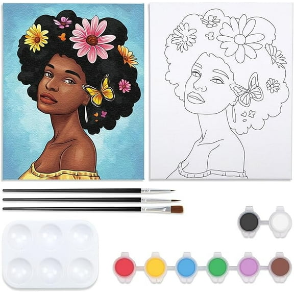 VOCHIC Pre Drawn Canvas to Paint, 8" X 10" Space Doodle Pre Printed Black Women Canvas, Pre Stretched Canvas Outline Painting Boards for Beginners, Students, Party Favor