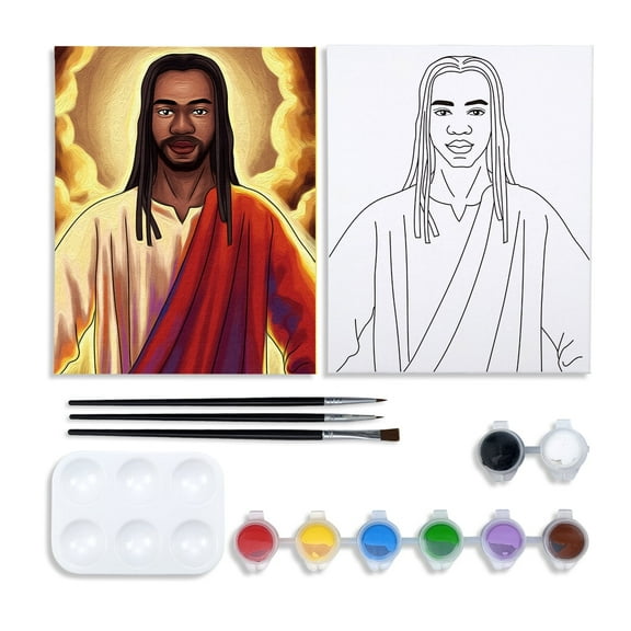 VOCHIC Pre Drawn Paint Canvas Kit for Painting for Adults, DIY Adult Sip and Paint Party Favor,Black Jesus Christ Painting Artwork 8x10 Canvas, 8 Acrylic Colors,3 Brushes,1 Pallet Paint Kit