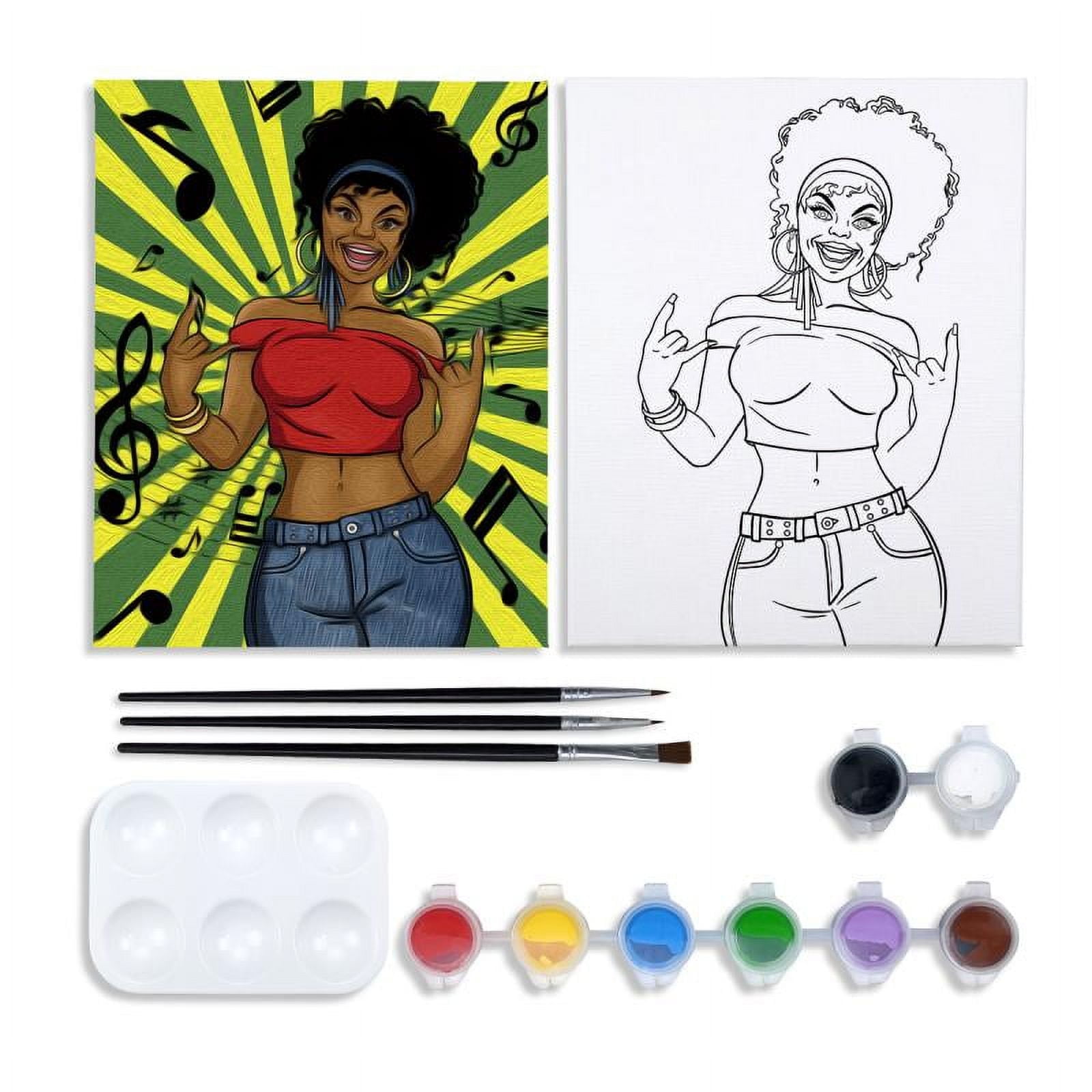 WEBEEDY 2 Pack Pre Drawn Canvas Afro Women Canvas Painting Kit 8x10 Inch Sip And Paint Canvas Outline Pre Printed Canvas Set For Adults Party Night Painting Gift,20x25cm(Elegant Lady