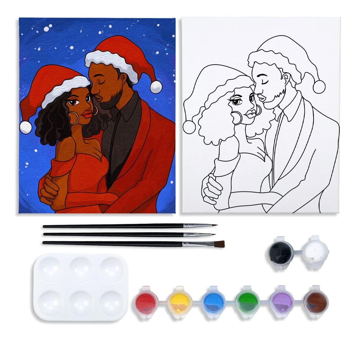 VOCHIC Pre Drawn Stretched Canvas Paint Kit, 8x10 Paint and Sip Kit for Adults, Winter Christmas Couple Date Painting Party DIY Supplies Gift, with Acrylic Paint Brushes Set