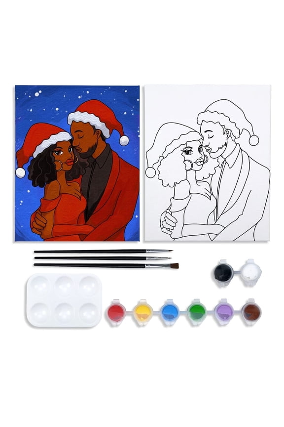Pre Drawn Stretched Canvas Paint Kit, 8x10 Paint and Sip Kit for Adults, Winter Christmas Couple Date Painting Party DIY Supplies Gift, with Acrylic Paint Brushes Set
