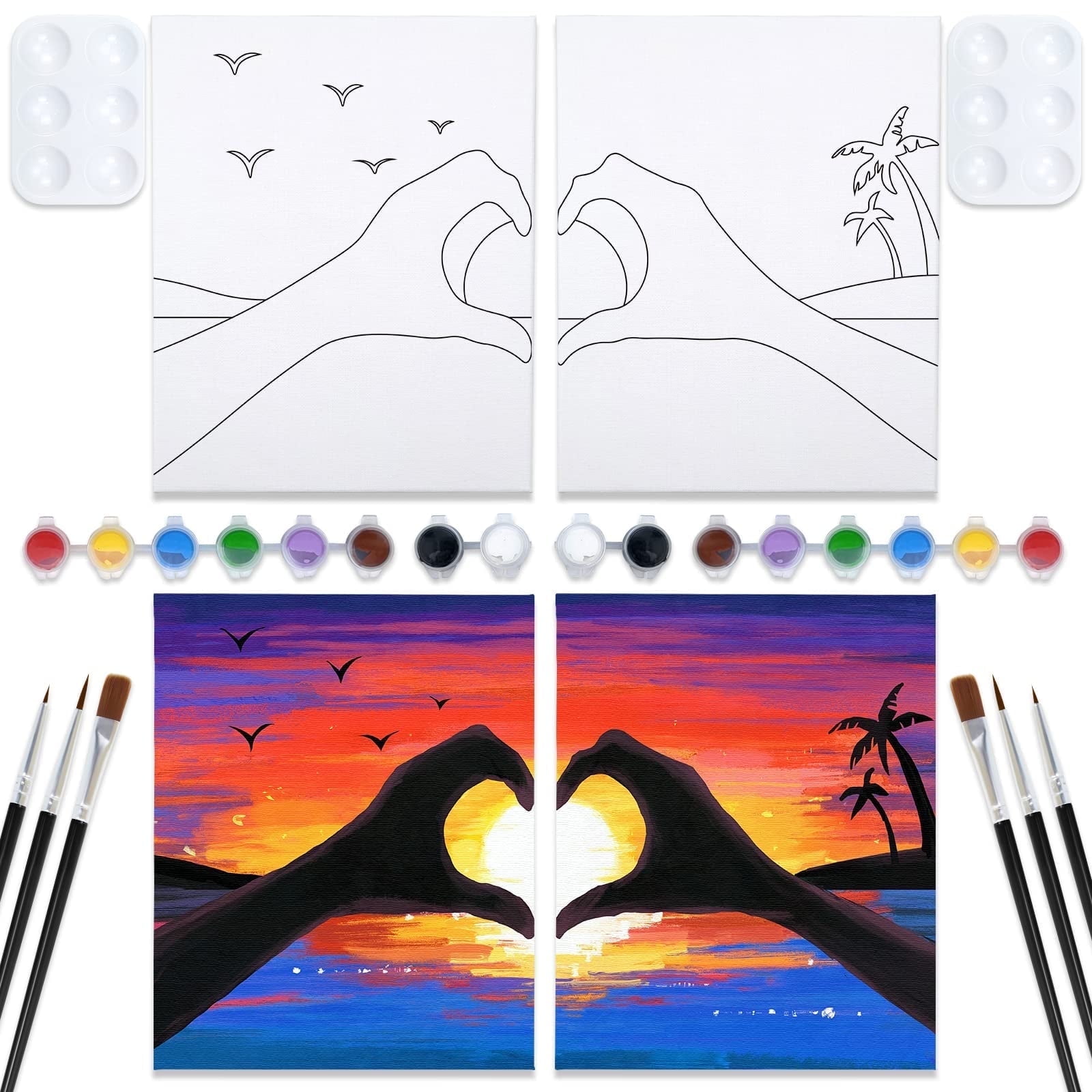 Sip And Paint Kit For Adults - 2 Pack Pre-Drawn 8x10 Canvas Sets, Date Night DIY Painting With Brushes & Acrylic Paints