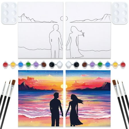 VOCHIC Sip and Paint Kit, Pre Drawn Canvas Couples Paint Party Kit, Paint Art Set with Outline Canvas for Adults Date Night Games Sunset Couple, Valentine's Day, 2 Pack (8 x 10 Inches)