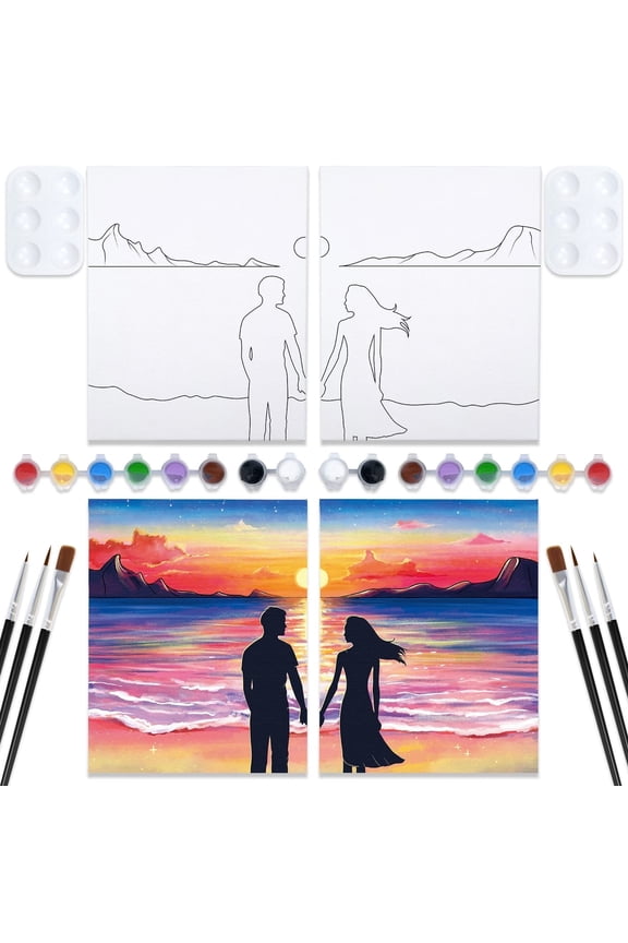 Sip and Paint Kit, Pre Drawn Canvas Couples Paint Party Kit, Paint Art Set with Outline Canvas for Adults Date Night Games Sunset Couple, Valentine's Day, 2 Pack (8 x 10 Inches)