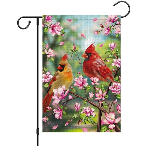 VOCHIC Spring Cardinal Garden Flag Spring Summer Magnolia Flower Garden Flags 12x18 Inch Double Sided Burlap Red Bird House Welcome Flag for Holiday Farmhouse Yard Outdoor Decor(ONLY FLAG)